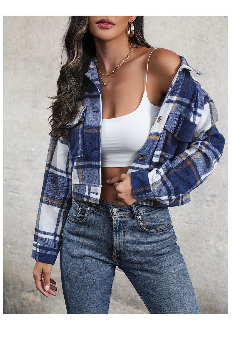 Women's Flannel Cropped Plaid Shacket Jacket Button Down Long Sleeve Shirts Tops