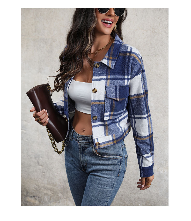 Women's Flannel Cropped Plaid Shacket Jacket Button Down Long Sleeve Shirts Tops