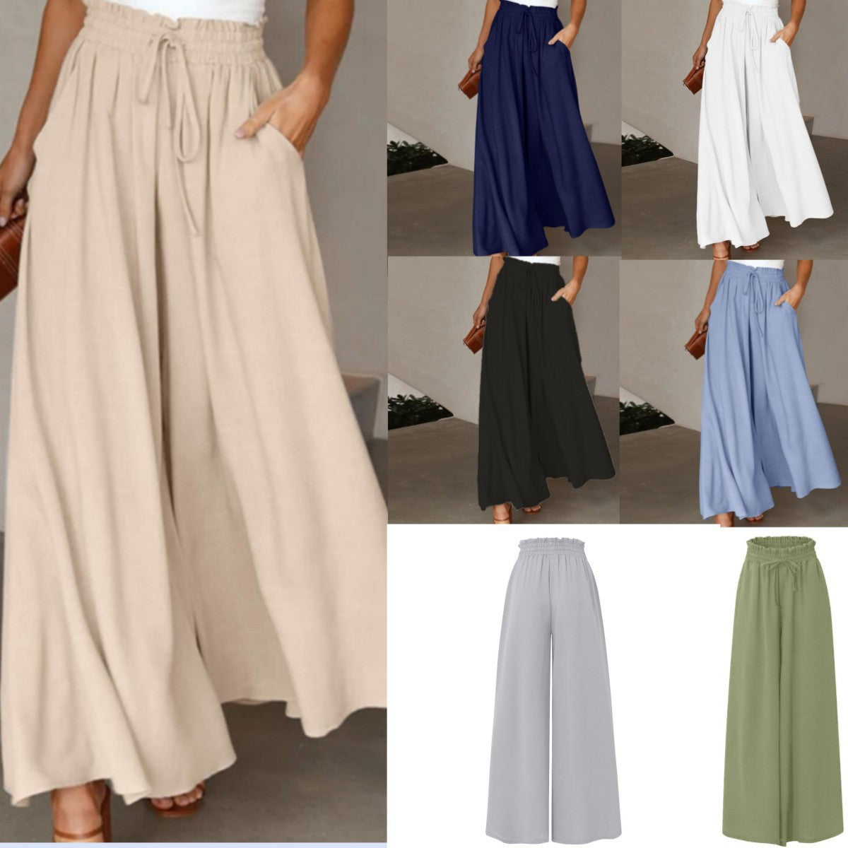 Womens Plus Size Wide Leg Pants Casual Elastic High Waist Flowy Pants Drawstring Palazzo Pants with Pockets - Seldom Seen Styles