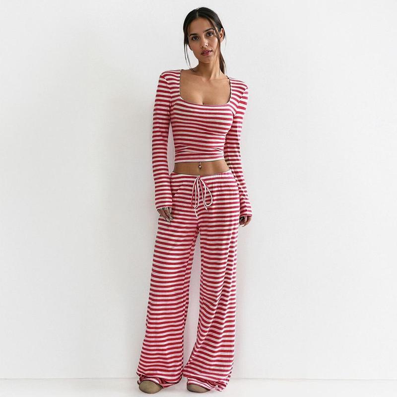 Women's Slouchy Square Neck Stripe Long Sleeve Crop Top & Low-Rise Wide Leg Trousers Co-ord, Minimalist Two Piece Outfits, Cozy Womenswear - Seldom Seen Styles
