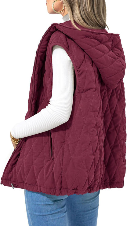 Women's Quilted Vest Casual Sleeveless Hooded Zip Up Diamond pattern Jacket With Pockets Winter Coat Outerwear Minimalist Top