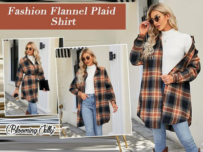 Women's Button Down Flannel Shirts Plaid Shacket Long Sleeve Collared Long Jacket Coats #Springtok - Seldom Seen Styles