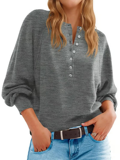 Womens Long Sleeve Knitting Sweater Tops Half Button Sweaters Henley Neckline Casual Lightweight Solid Pullover Knitting Knitting - Seldom Seen Styles