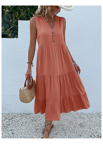 Summer Flowy Maxi Dress with Pockets Sleeveless Loose Casual Sundress V-Neck Tiered Sun Dress for Beach Cruise Vacations