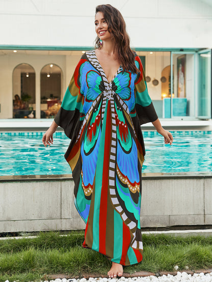 [Plus Size] Butterfly/feather Print Ruched Split Hem Tunic Dress, Valentine's Day Elegant Batwing Sleeve V Neck Long Dress for Summer, Casual Womenswear, Gift, Homecoming Dresses, Women's Clothes for Beach Holiday Vacation, Moo Moo Dresses