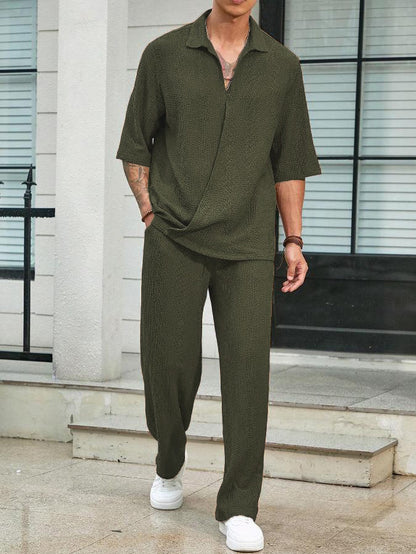 2025Spring New Commuter Suit Shirt Solid Color Short Sleeve Long Pants Men's Two-Piece Casual Set