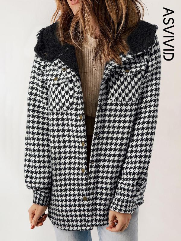 Women's Plaid / Houndstooth Print Button Front Hooded Coat, Casual Long Sleeve Pocket Coat for Fall & Winter, Ladies Outerwear for Daily Wear - Seldom Seen Styles