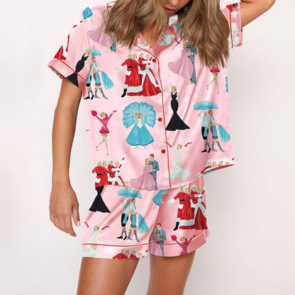 White Christmas Satin Pajama Set For Women Print Comfy Satin Sleepwear & Loungewear Pjs Printing Short Sleeve Top & Shorts - SHESHOW - Seldom Seen Styles