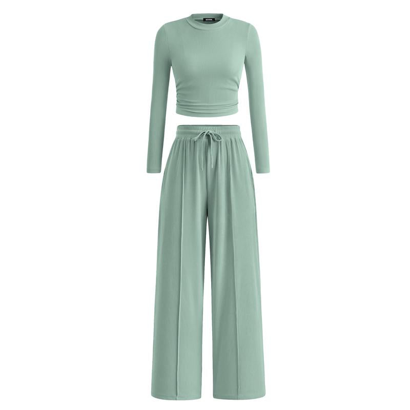 BTFBM 2-Piece Ribbed Knit Long Sleeve Crop Top Wide Leg Pants Matching Lounge Set Loungewear
