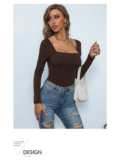 Women's Long Sleeve Bodysuit Shapewear Top Square Neck Bodysuit Halloween One Piece Basic Backless