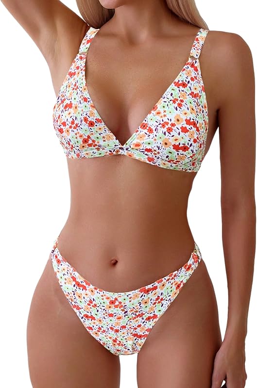 Women's 2 Piece Floral Print Swimsuit Triangle String High Cut Bikini Sets Bathing Suit