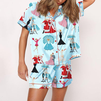 White Christmas Satin Pajama Set For Women Print Comfy Satin Sleepwear & Loungewear Pjs Printing Short Sleeve Top & Shorts - SHESHOW - Seldom Seen Styles