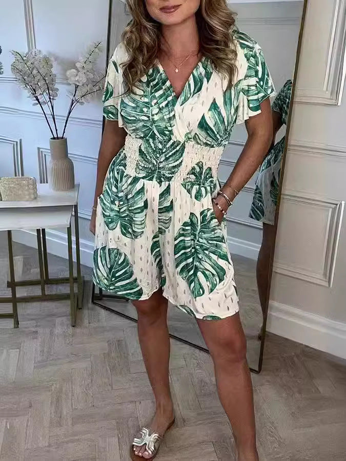 Casual Floral Polka Dot Pocket Rompers, Casual Floral Polka Dot Rompers, Elastic Waist Wide Leg Shorts Jumpsuits - Seldom Seen Styles