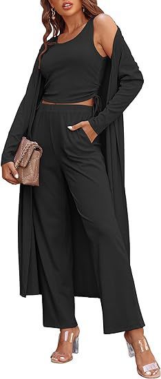 Cozy New Ekouaer Women's 3 Piece Knit Lounge Set Long Sleeve Cardigan Sleeveless Top Pants Sweatsuit S-XXL