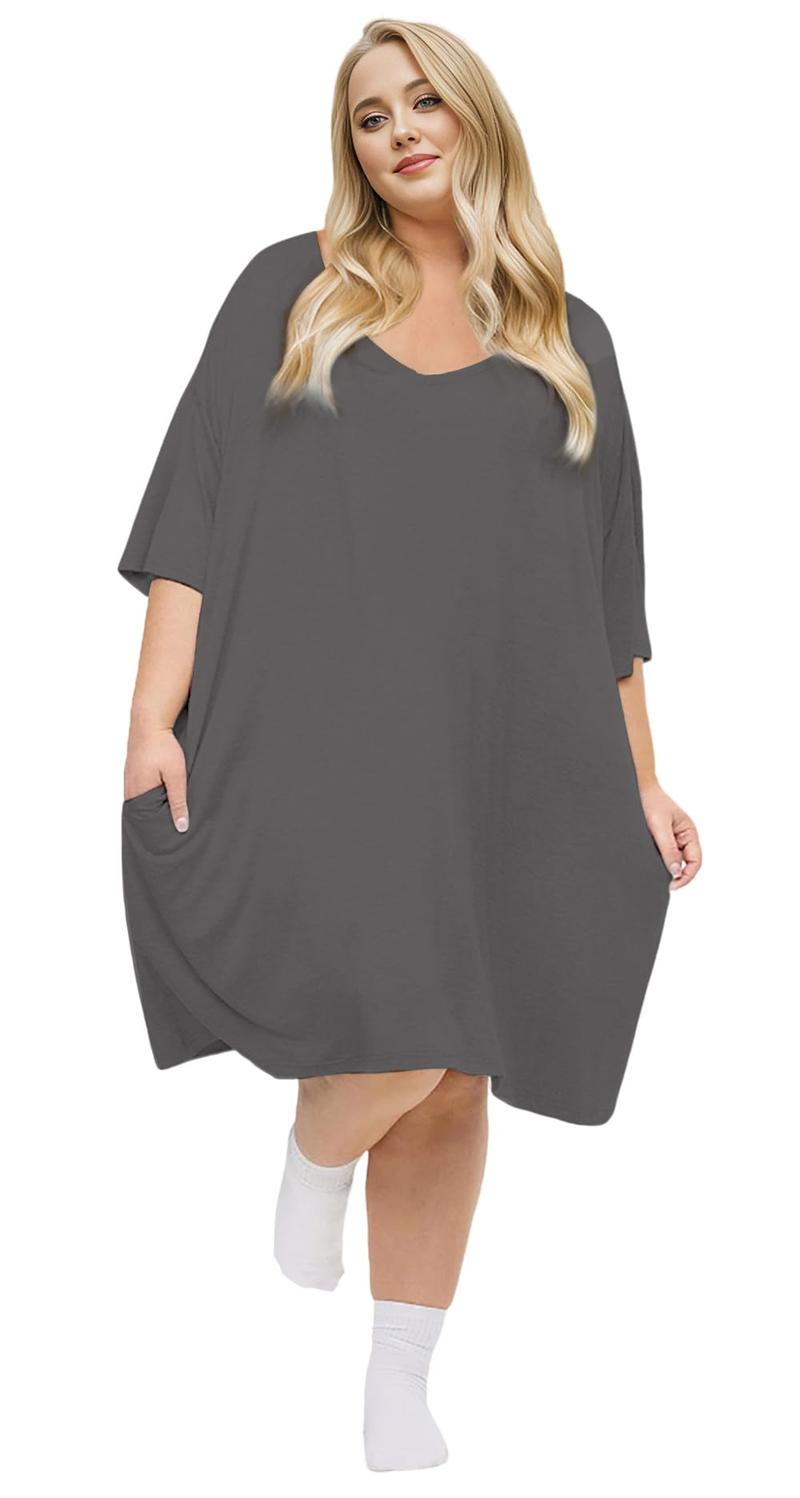 Plus Size Nightgown for Women V-Neck Sleep  Dress Pjs Lounge Short Sleeves Sleepwear With Pocket Fit S-5XL Pajamas Elastic Loungewear Breathable Fabric - Seldom Seen Styles