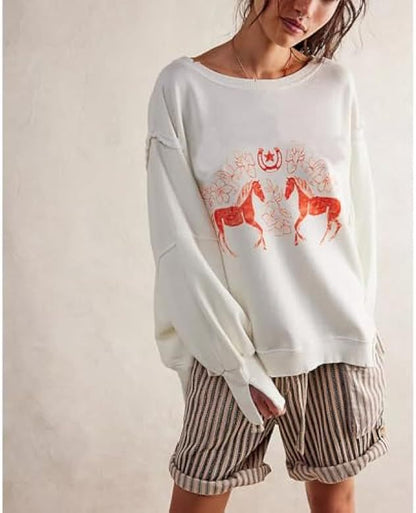 Women's Summer Loose T-Shirt Star Patch Long Sleeve Crew Neck Casual Tops Streetwear - Seldom Seen Styles