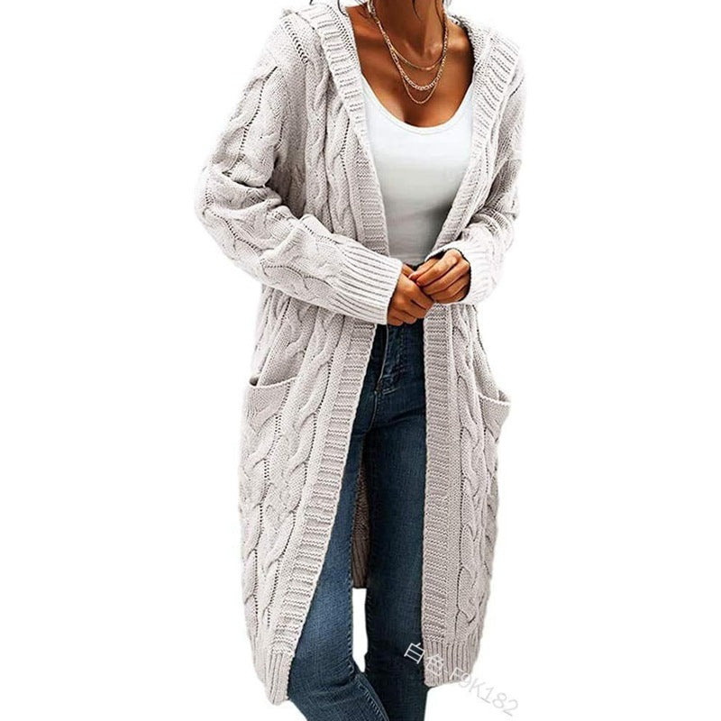 Women's Pocket Drop Shoulder Cardigan, Hooded Long Sleeve Warm Top, Casual Textured Knit Open Front Cable Outwear, Sweaters for Women