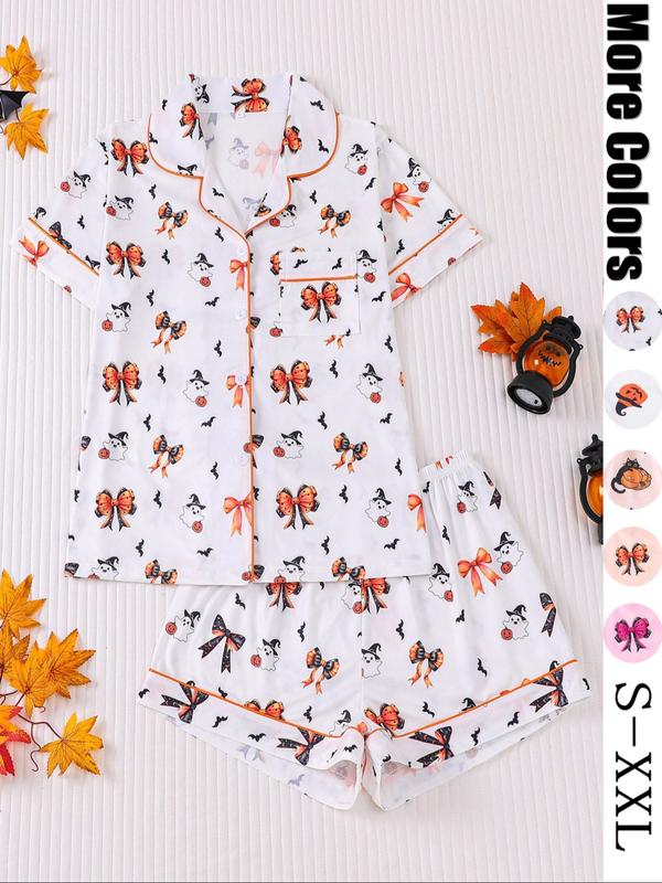 【Halloween】Women's Halloween Pajama Set, Cute Ghost Cat Pumpkin Print, Short Sleeve Lapel Shirt & Elastic Shorts, Casual All-Season Sleepwear, Loungewear