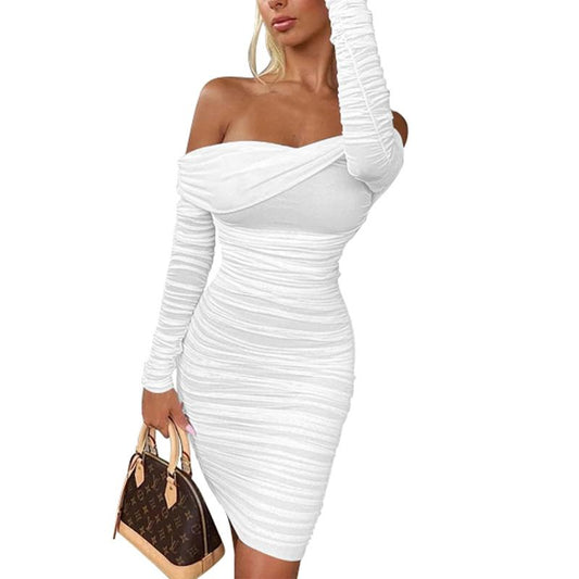 Women's Sexy Elegant Ruffle Long Sleeve Off Shoulder Ruched Party Mini Dress Fabric Formal Fabric Formal - Seldom Seen Styles