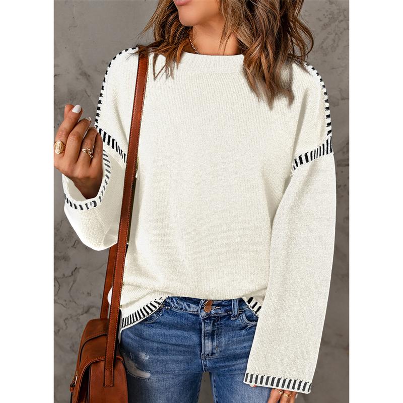Sweaters for Women Fashion Solid Crewneck Loose Fit Long Sleeve Contrast Cable Knit Pullover Sweater Jumper Tops Knitwear Womenswear Knitwear Womenswear - Seldom Seen Styles