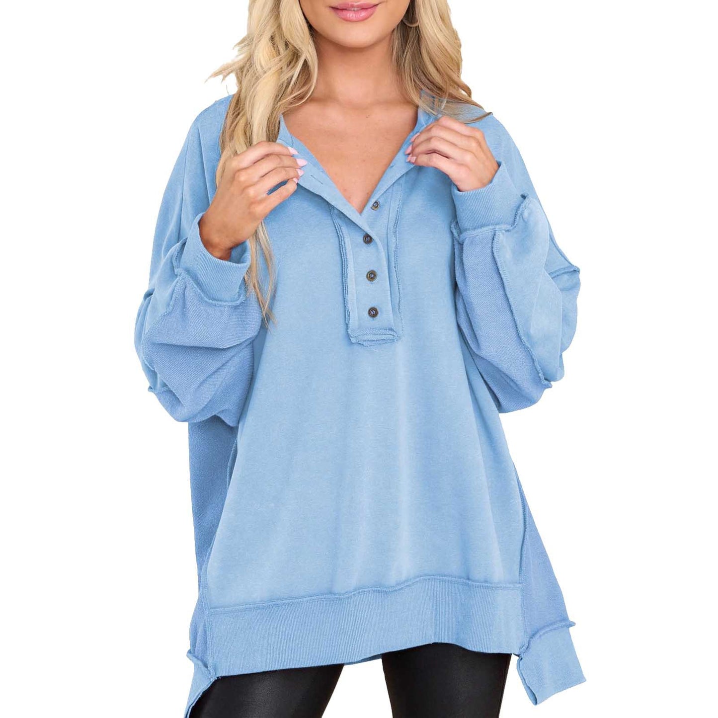 Women's Oversized Sweatshirts Casual Long Sleeve Button Henley Collar Purple Pullover Tunic Tops 2025 Womenswear Fall Winter Outfits - Seldom Seen Styles