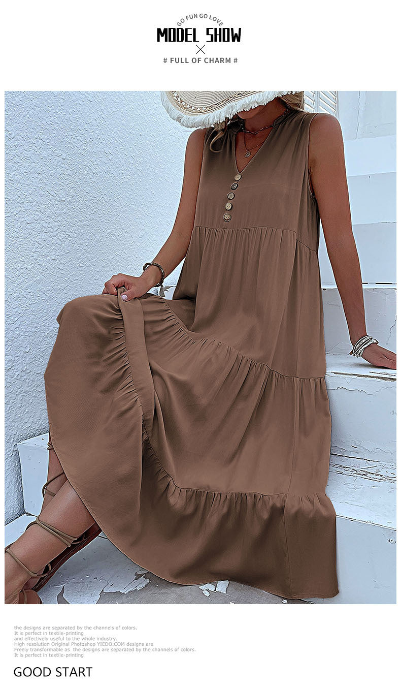Summer Flowy Maxi Dress with Pockets Sleeveless Loose Casual Sundress V-Neck Tiered Sun Dress for Beach Cruise Vacations