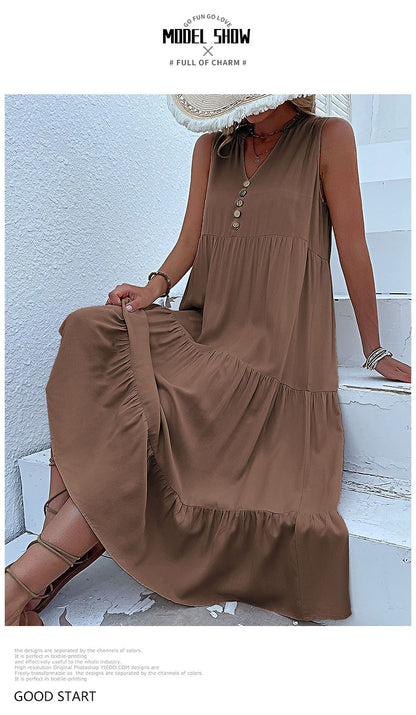 Summer Flowy Maxi Dress with Pockets Sleeveless Loose Casual Sundress V-Neck Tiered Sun Dress for Beach Cruise Vacations