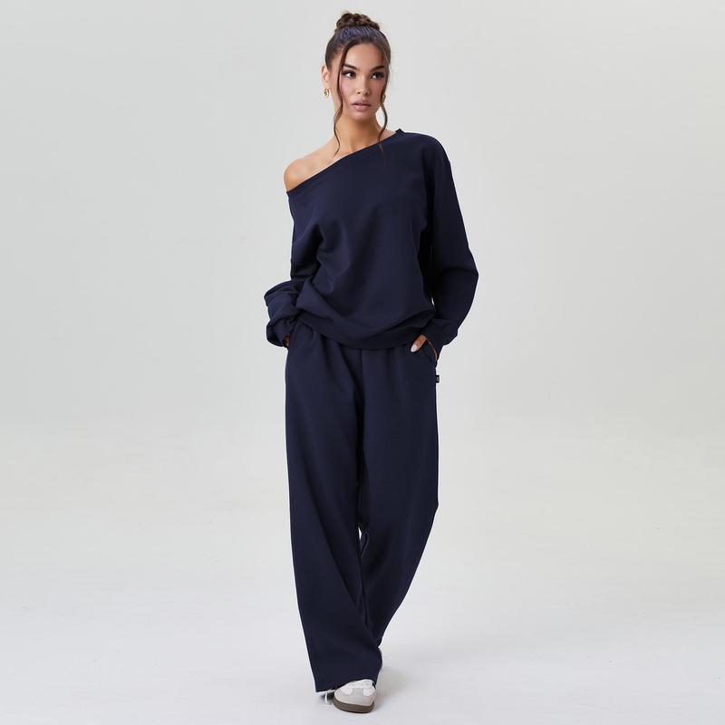 Women's Leisure Solid Color Sloping Shoulder Long Sleeve Top & Wide Leg Trousers Co-ord, Cozy Scoop Neck Loose Two Piece Outfits, Basic Womenswear - Seldom Seen Styles