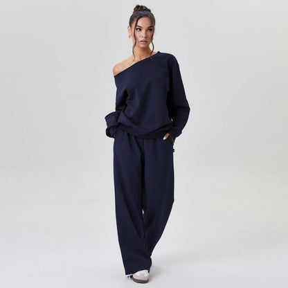 Women's Leisure Solid Color Sloping Shoulder Long Sleeve Top & Wide Leg Trousers Co-ord, Cozy Scoop Neck Loose Two Piece Outfits, Basic Womenswear