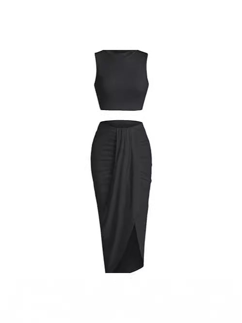 Women's Solid Crop Tank Top & Ruched Asymmetrical Hem Split Skirt Set, Chic Casual Mock Neck Sleeveless Top & High Waist Wrap Skirt, Womenswear Outfit - Seldom Seen Styles
