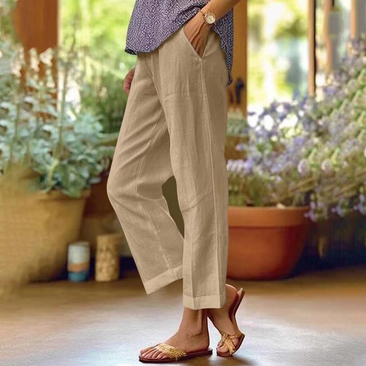 2024Cross-Border Amazon wish Independent Station Women's Cotton Linen Loose Solid Color Elastic Waist Pocket Straight Casual Pants - Seldom Seen Styles