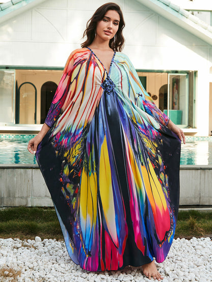 [Plus Size] Butterfly/feather Print Ruched Split Hem Tunic Dress, Valentine's Day Elegant Batwing Sleeve V Neck Long Dress for Summer, Casual Womenswear, Gift, Homecoming Dresses, Women's Clothes for Beach Holiday Vacation, Moo Moo Dresses