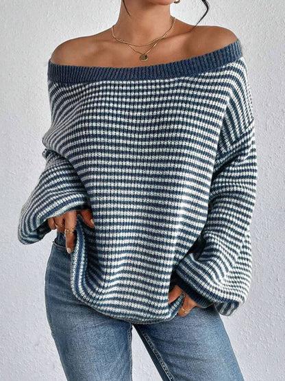 Women's Striped Drop Shoulder Sweater, Y2k Casual Bishop Sleeve Boat Neck Jumper Tops for Daily Outdoor Wear Back To School, Sweaters for Women, Ladies Knitwear for Fall, Fall Outfits, Fallfreshness, Preppy 80s Clothes - Seldom Seen Styles