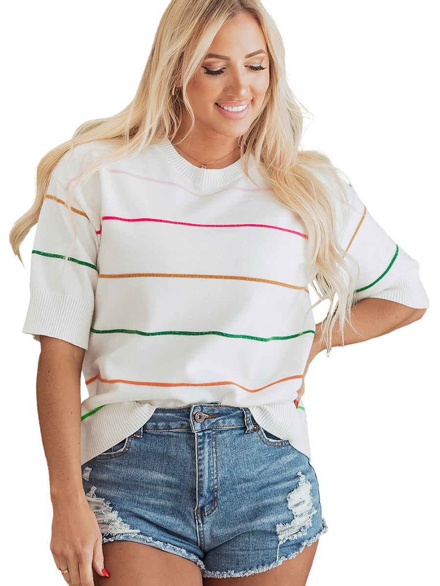 Women's Striped Print Sweater, Casual Short Sleeve Round Neck Jumper for Daily Wear, Ladies Knitwear for Spring & Fall, Lightweight Womenswear - Seldom Seen Styles