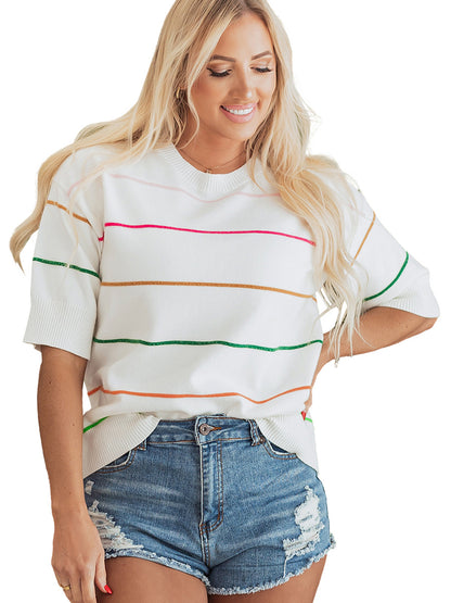 Women's Striped Print Sweater, Casual Short Sleeve Round Neck Jumper for Daily Wear, Ladies Knitwear for Spring & Fall, Lightweight Womenswear - Seldom Seen Styles