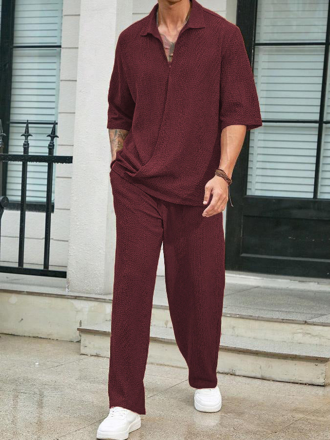 2025Spring New Commuter Suit Shirt Solid Color Short Sleeve Long Pants Men's Two-Piece Casual Set