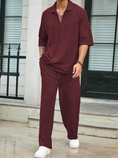 2025Spring New Commuter Suit Shirt Solid Color Short Sleeve Long Pants Men's Two-Piece Casual Set