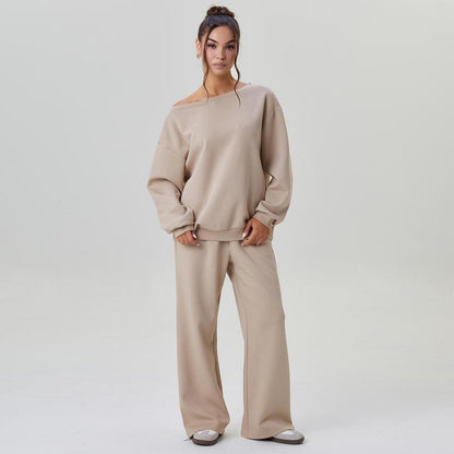 Women's Leisure Solid Color Sloping Shoulder Long Sleeve Top & Wide Leg Trousers Co-ord, Cozy Scoop Neck Loose Two Piece Outfits, Basic Womenswear