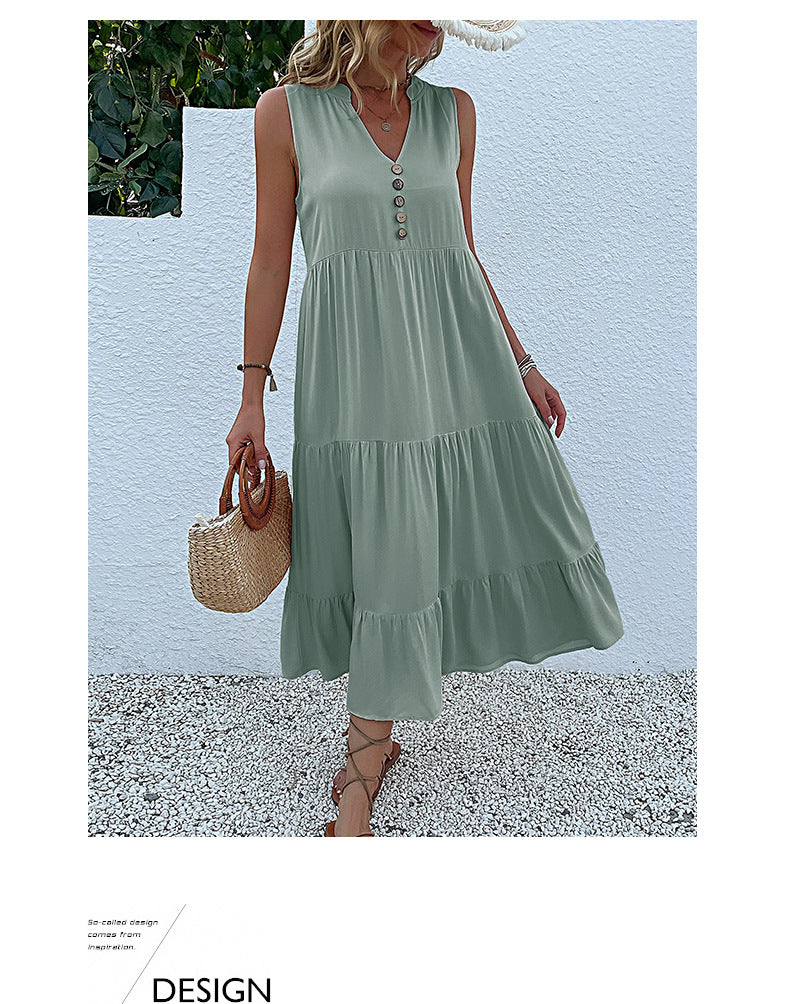 Summer Flowy Maxi Dress with Pockets Sleeveless Loose Casual Sundress V-Neck Tiered Sun Dress for Beach Cruise Vacations