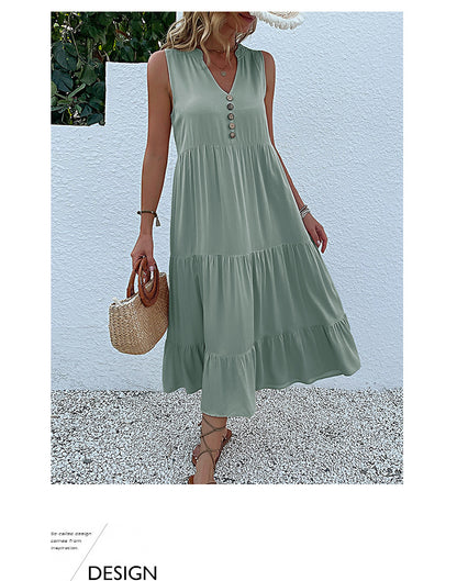 Summer Flowy Maxi Dress with Pockets Sleeveless Loose Casual Sundress V-Neck Tiered Sun Dress for Beach Cruise Vacations
