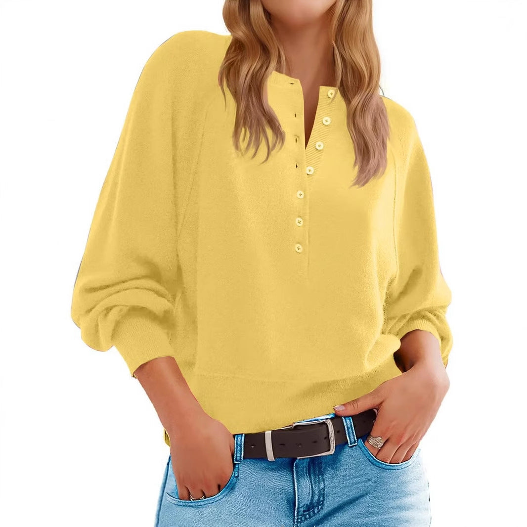 Womens Long Sleeve Knitting Sweater Tops Half Button Sweaters Henley Neckline Casual Lightweight Solid Pullover Knitting Knitting - Seldom Seen Styles