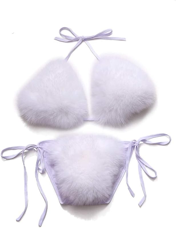Women's Faux Fur Halter String Triangle Bikini Sets Two Piece Swimsuits - Seldom Seen Styles