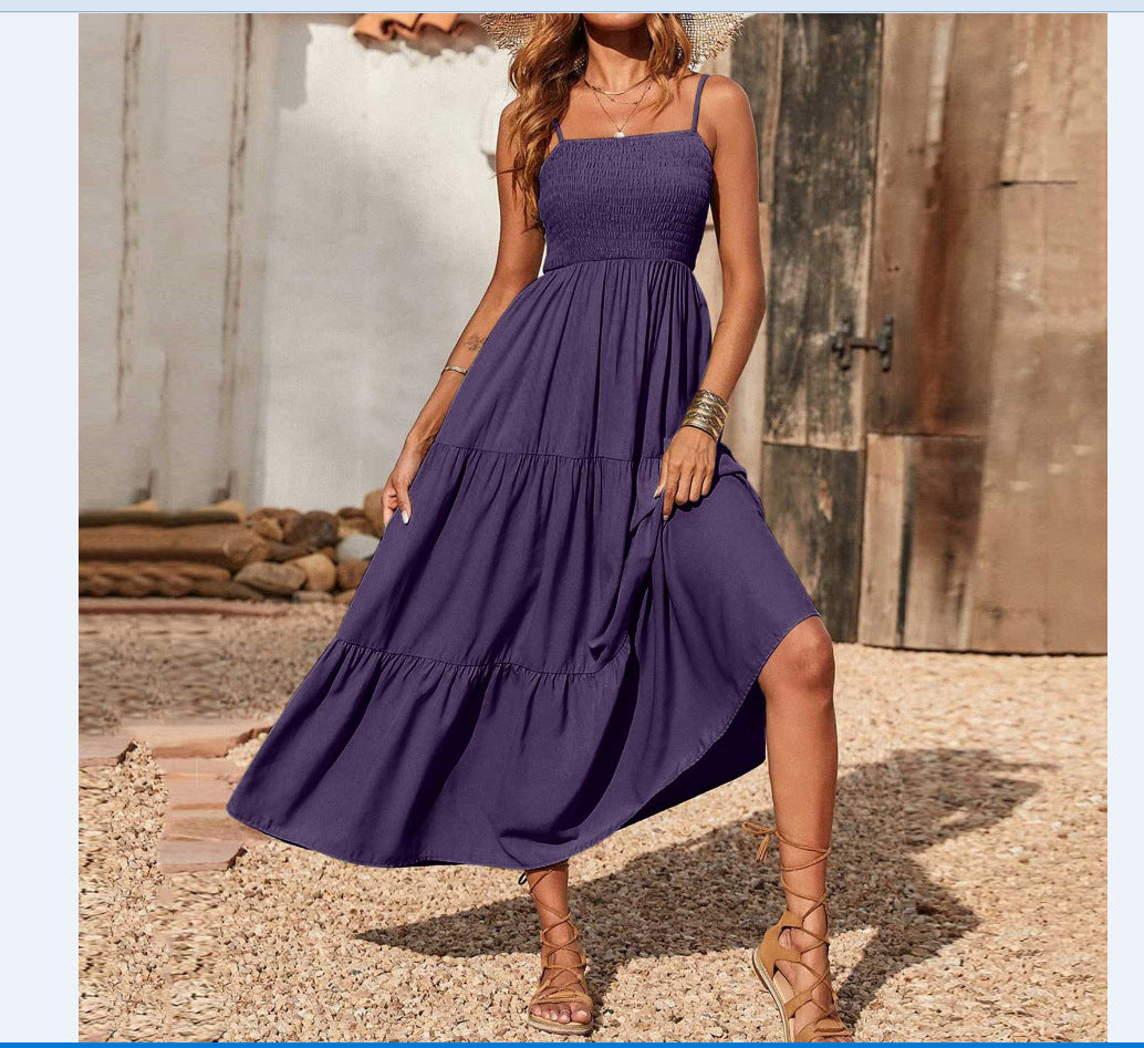 Women's Summer Midi Dress 2025 Casual Boho Sleeveless Spaghetti Strap Smocked Tiered Long Beach Sundresses