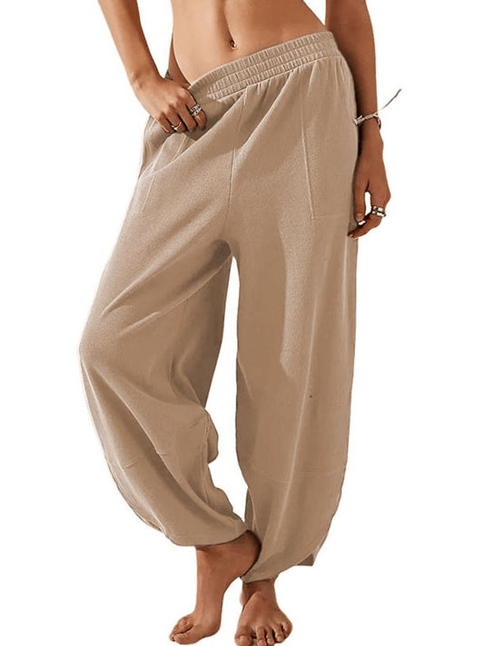 Womens Baggy Wide Leg Pants Casual Elastic Waisted Palazzo Harem Pants with Pockets Baggy Sweatpants Teacher Outfits Bohemian Trousers Loose Wideleg Bottom - Seldom Seen Styles