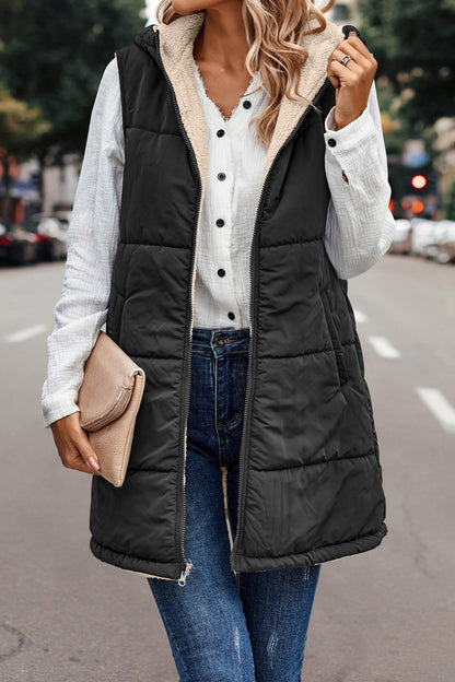 Women's Warm Reversible Vests Sleeveless Fleece Basic Jacket Zip Up Coat Long Outerwear With Pockets And Hoodie Casual Outfit#Hoodieing - Seldom Seen Styles