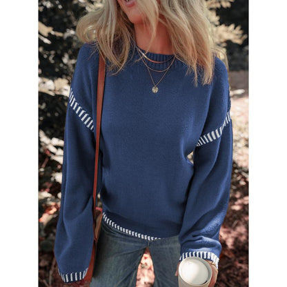 Sweaters for Women Fashion Solid Crewneck Loose Fit Long Sleeve Contrast Cable Knit Pullover Sweater Jumper Tops Knitwear Womenswear Knitwear Womenswear - Seldom Seen Styles
