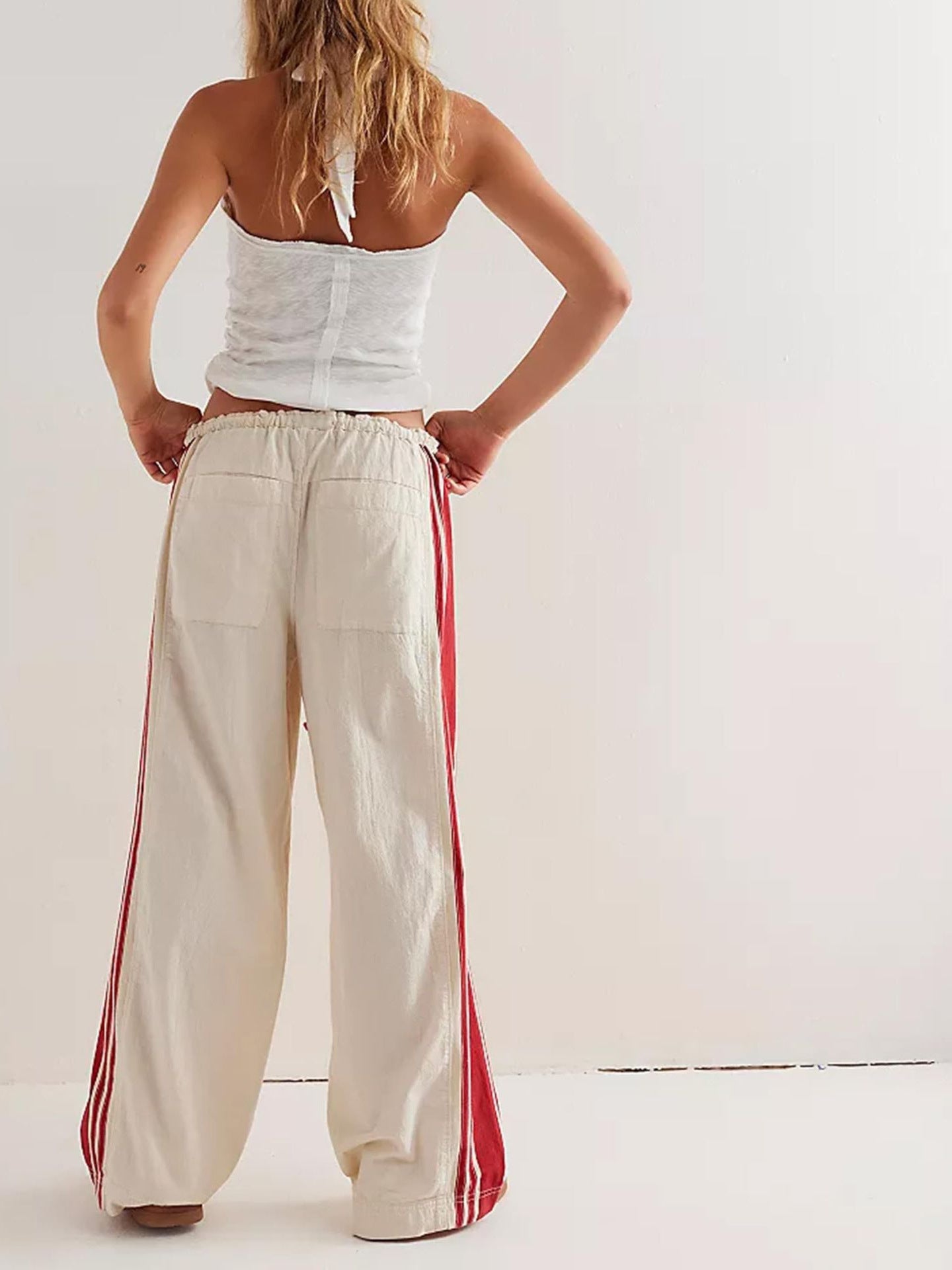 Women's Wide Leg Pants Drawstring High Rise Side Striped Slouchy Palazzo Pants with Pockets - Seldom Seen Styles