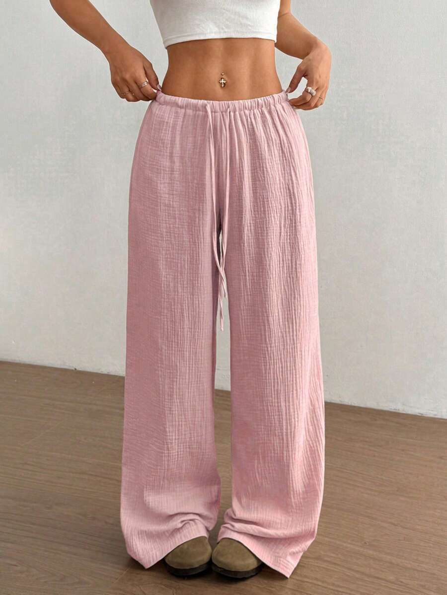 Womens Cotton Linen Palazzo Pants Drawstring Elastic Waist Casual Wide Leg Trousers with Pockets - Seldom Seen Styles