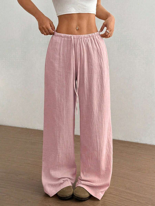 Womens Cotton Linen Palazzo Pants Drawstring Elastic Waist Casual Wide Leg Trousers with Pockets - Seldom Seen Styles