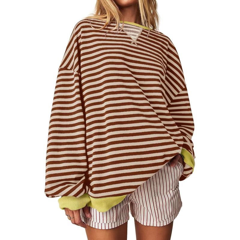 【Up To 3XL】Fisace Christmas Womenswear Striped Oversized Sweatshirt Color Block Crew Neck Long Sleeve Shirt Casual Loose Pullover Top Y2K Clothes back to school - Seldom Seen Styles